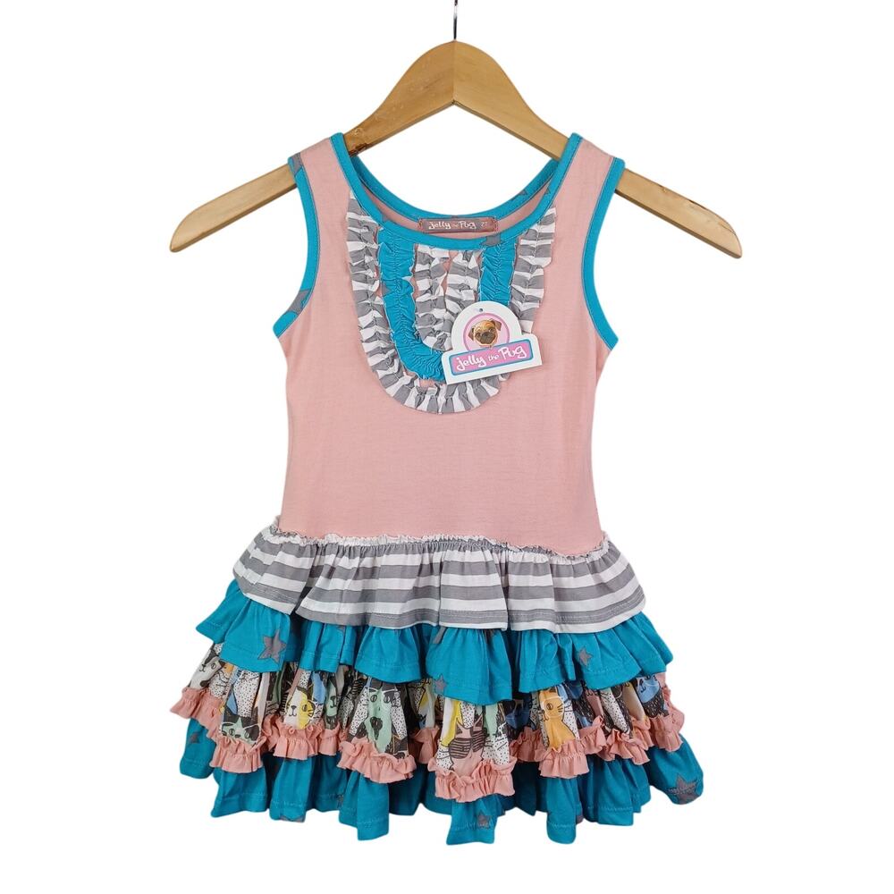 Jelly The Pug Girls Chloe Tiered Ruffle Kitties Knit Dress Sleeveless Size 2T